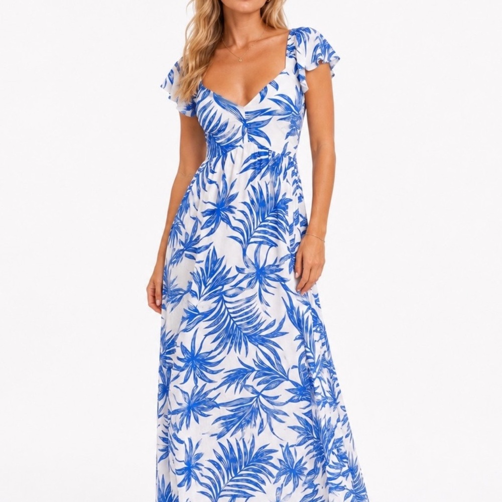 Blue Palm-Print Maxi Dress - Women
